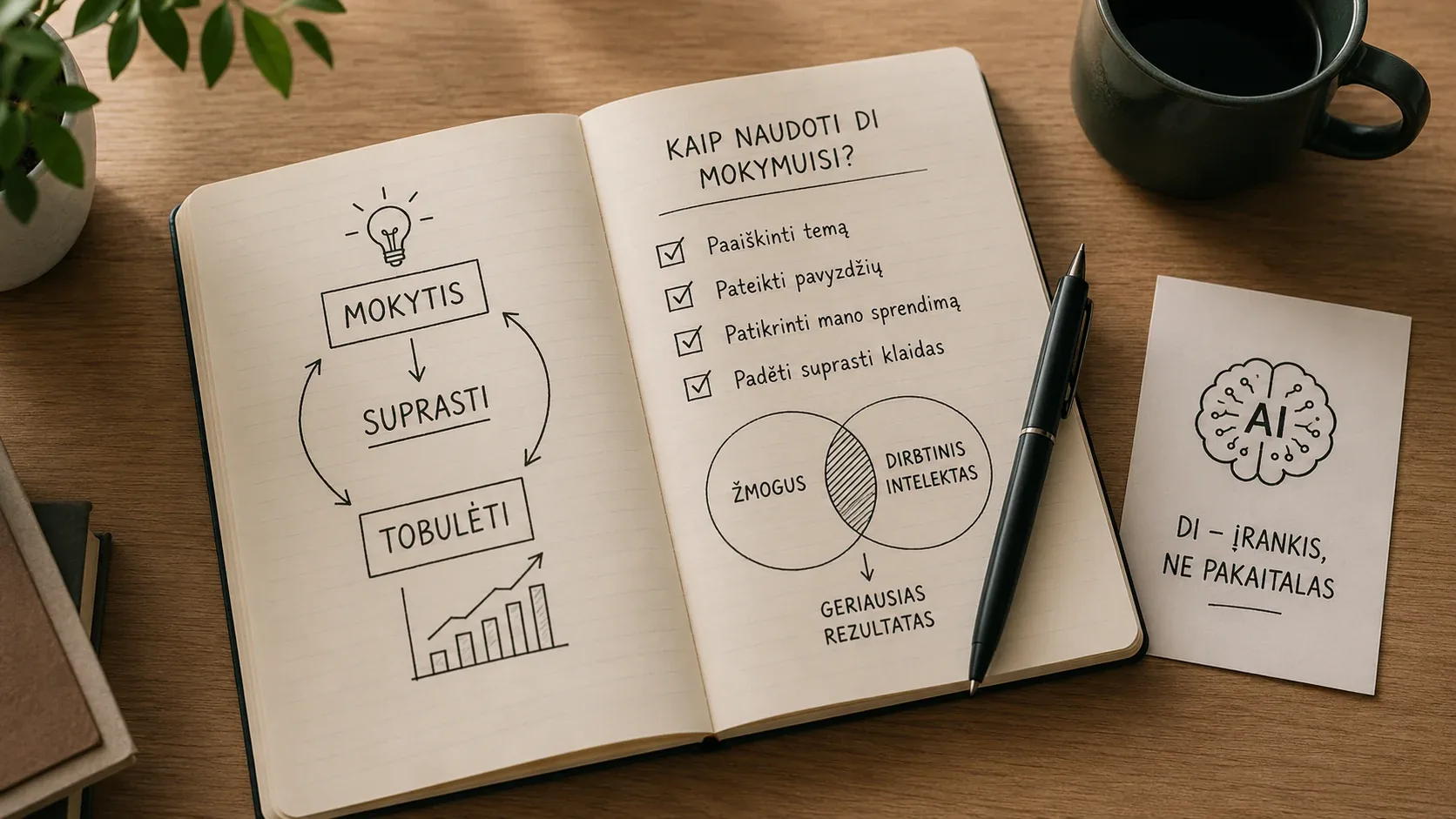 Užrašinė su schema apie mokymąsi, supratimą ir dirbtinį intelektą kaip įrankį, ne pakaitalą