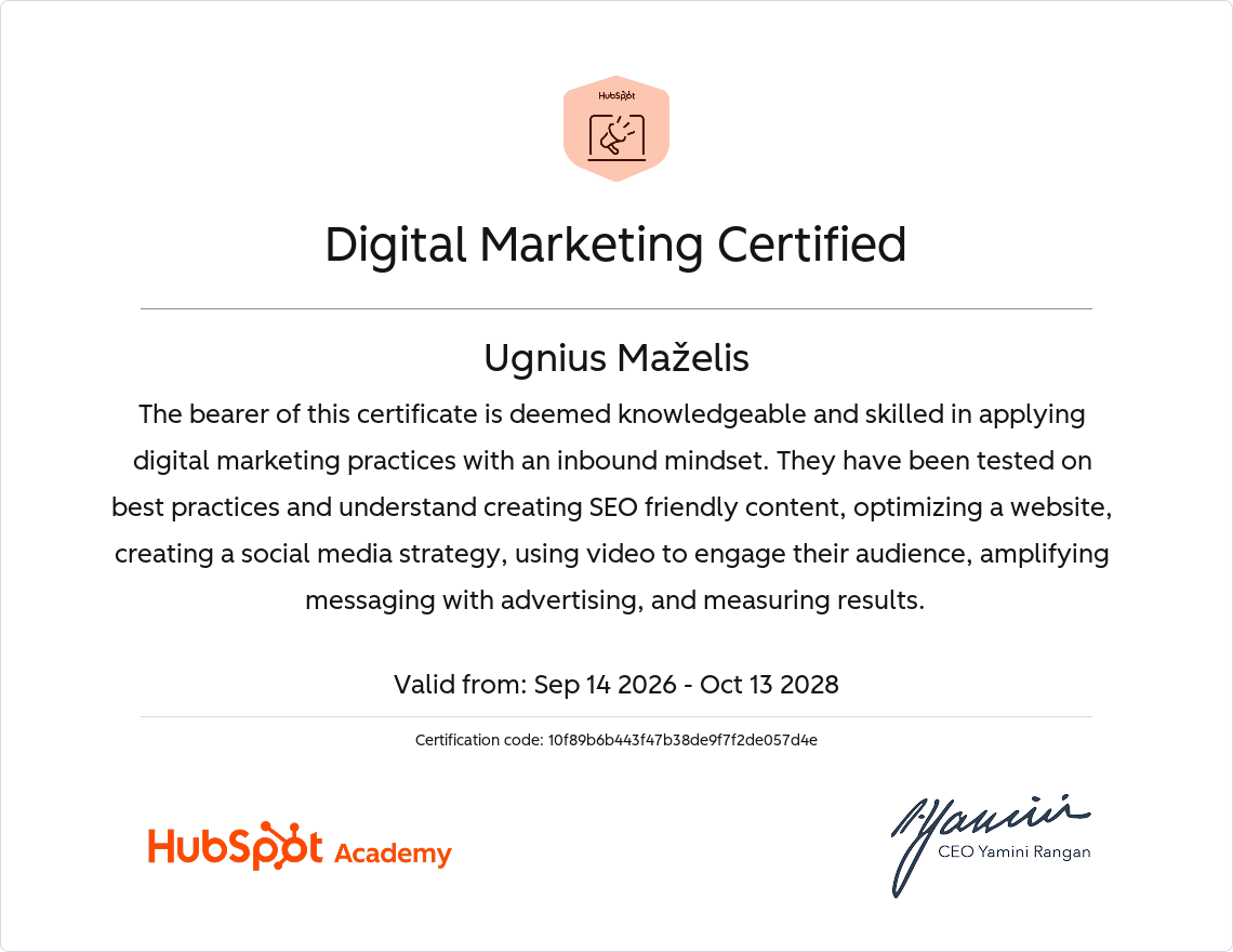 HubSpot Academy Digital Marketing Certified sertifikatas, išduotas Ugniui Maželiui
