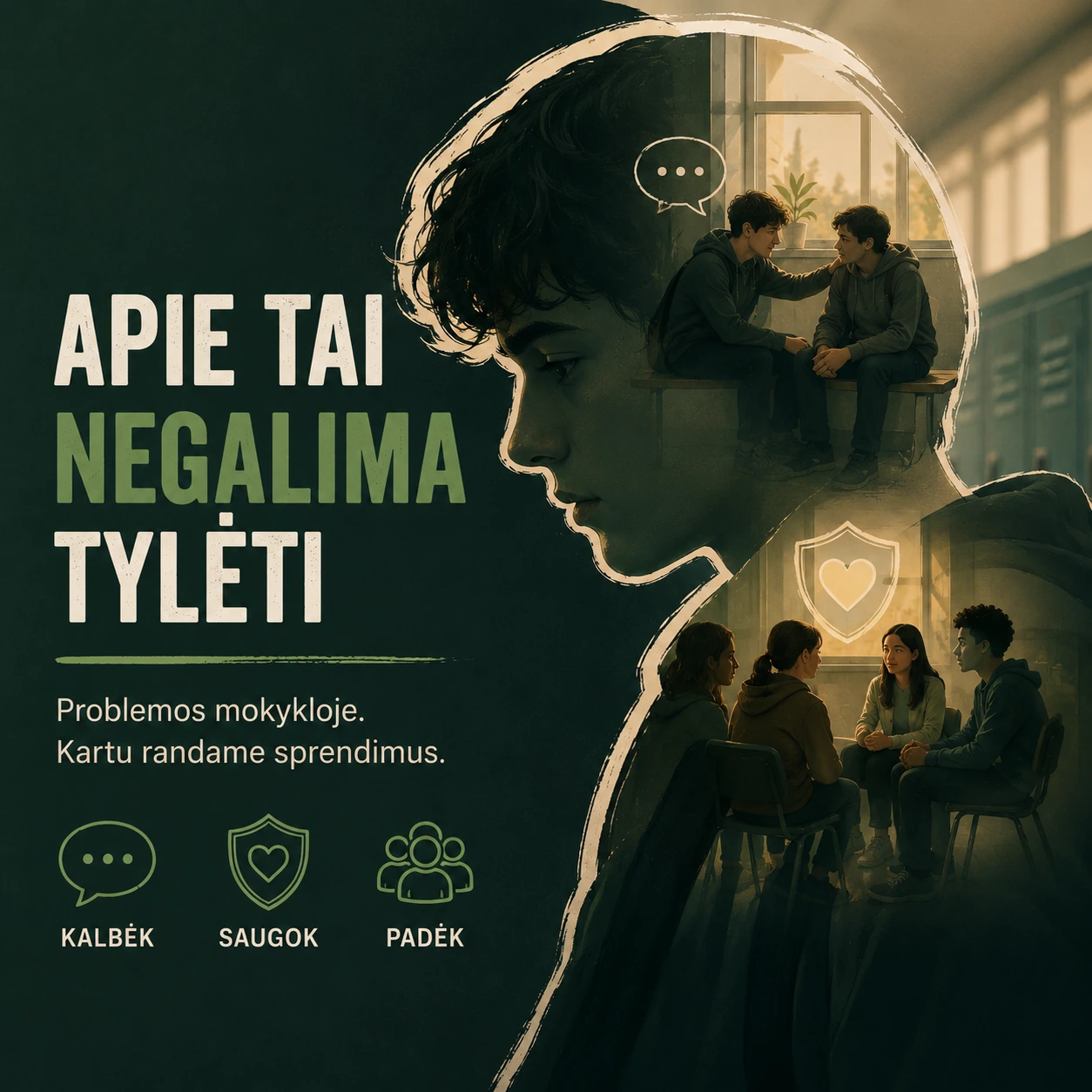 Iliustracija apie atvirą pokalbį, saugią aplinką ir pagalbą sprendžiant problemas mokykloje
